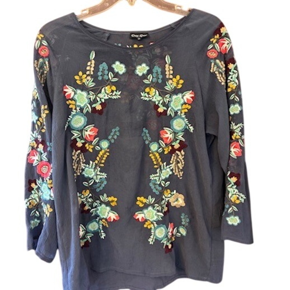 Dor Dor Couture Blouse Womens M Gray Excellent Floral Embroidered Boho Top